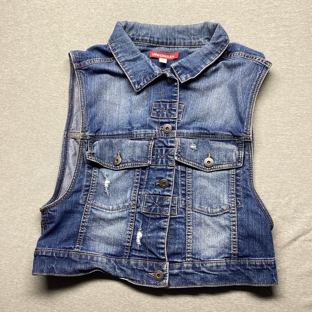 Unionbay Womens Dark Wash Distressed Denim Vest Button Front Blue Size Large